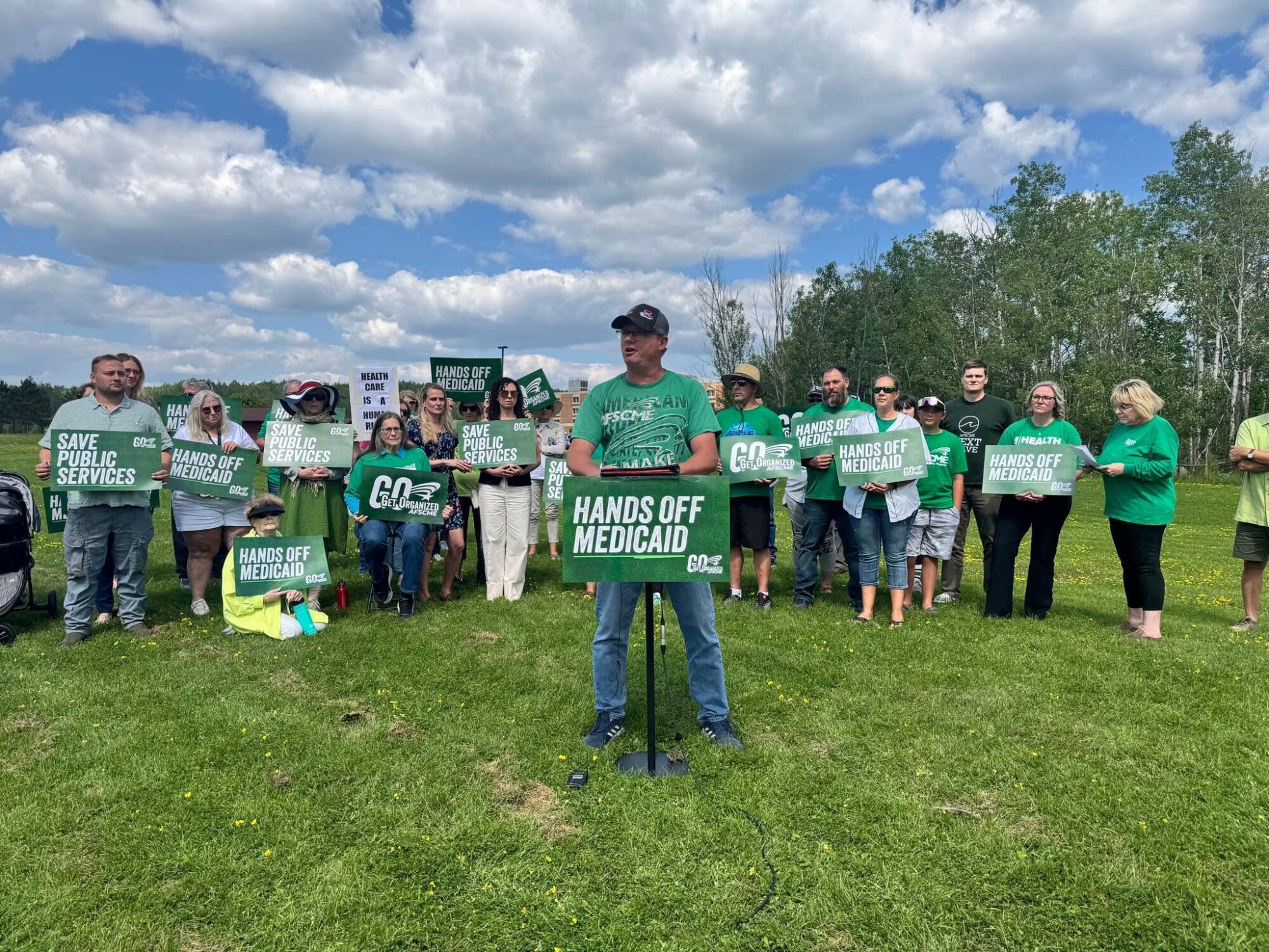 Nearly 100 AFSCME members, retirees and community supporters gathered outside a hospital in Hibbing, Minnesota, to raise awareness of the OBBBA's effect on health care for working people. 
